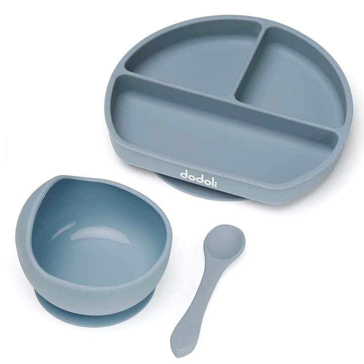 Set diversificare Dodoli din silicon pentru bebelusi - bol, farfurie, lingurita, Seablue