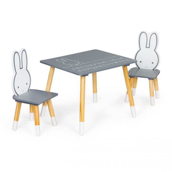 Set masa cu scaune pentru copii, model cu iepurasi, picioare de pin, fara margini ascutite, 47 x 60 x 50 cm / 60 x 26 cm