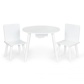 Set pentru copii, EcoToys, masa si doua scaune, MDF, alb, cu orificiu pentru jucarii Set pentru copii, EcoToys, masa si doua scaune, MDF, alb, cu orificiu pentru jucarii
