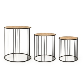 Set 3 masute de cafea din fier negru cu blat din rattan natur Elyot Ø 48 a x 57 h Set 3 masute de cafea din fier negru cu blat din rattan natur Elyot Ø 48 a x 57 h