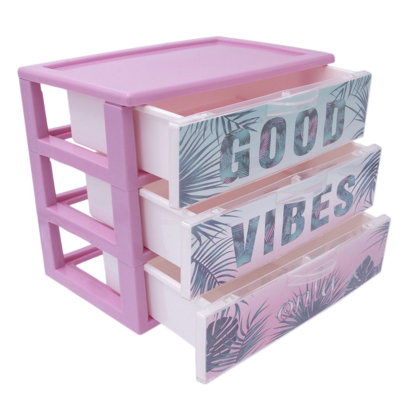 Etajera Zola®, din plastic, 23x16x19 cm, 3 compartimente, culoare roz, model GOOD VIBES
