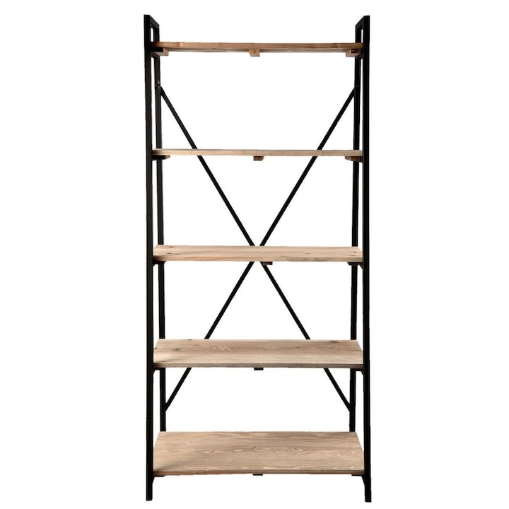 Черен железен рафт с 5 рафта от естествено дърво 90 cm x 47 cm x 191 h