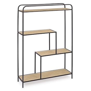 Raft fier forjat 4 polite negru si rattan natur Elyot 82 cm x 35 cm x 100 h Raft fier forjat 4 polite negru si rattan natur Elyot 82 cm x 35 cm x 100 h