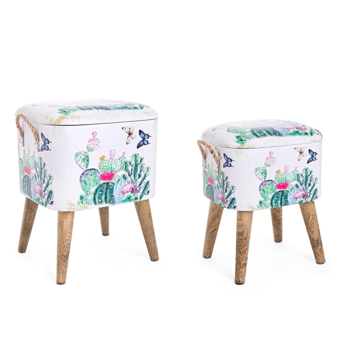 Set 2 tabureti tapiterie piele ecologica cu picioare lemn natur Forestis 34 cm x 28.5 cm x 42 h; 37.5 cm x 34.5 cm x 47 h