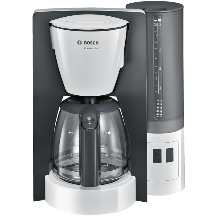 Кафемашина Bosch TKA6A041, 1.2 л, Aroma Select, Противокапкова система, Автоматично изключване, Програма за отстраняване на котления камък, Бяла