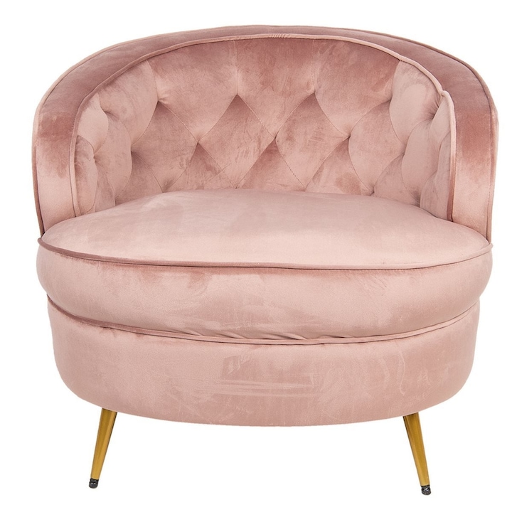 Fotel rózsaszín bársony kárpitozással és arany vas lábakkal 74 cm x 81 cm x 71 h