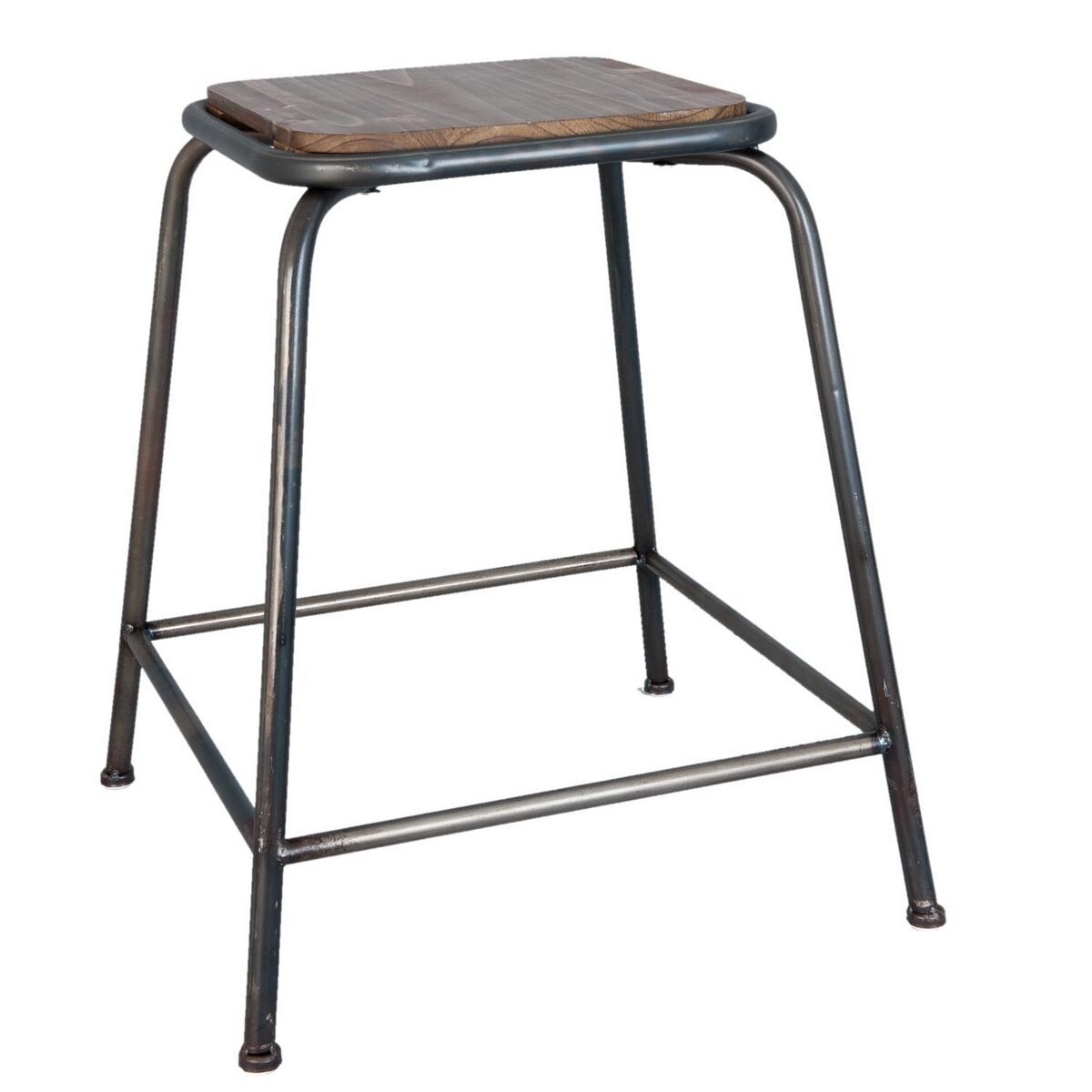 Taburet cu picioare din fier negru si sezut din lemn maro 40 cm x 40 cm x 46 h