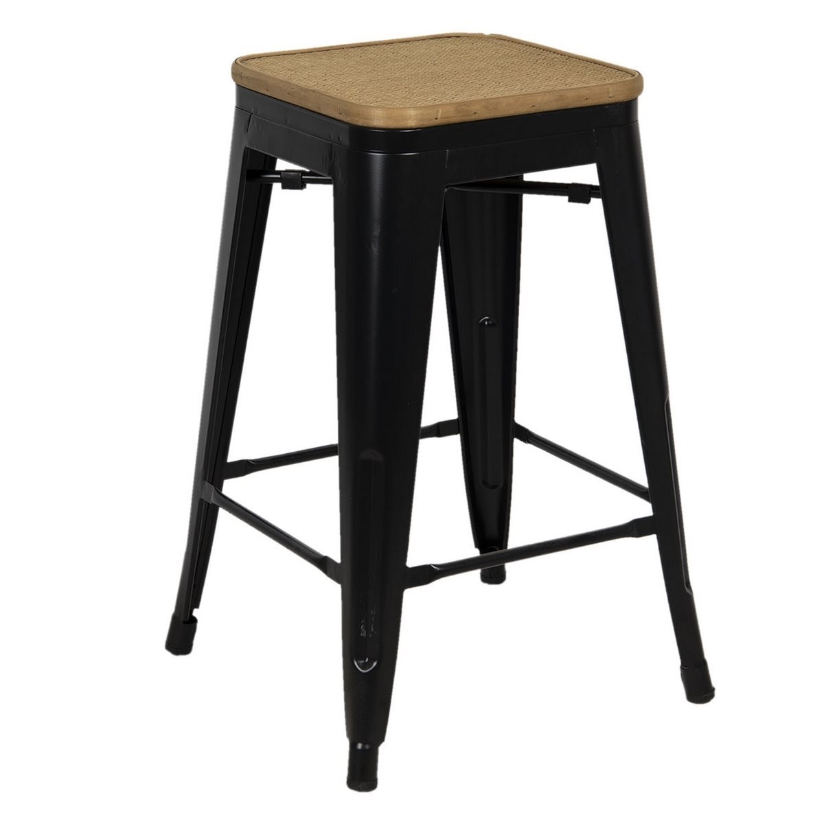 Taburet cu picioare din fier negru si sezut din rattan natur 31 cm x 31 cm x 62 h