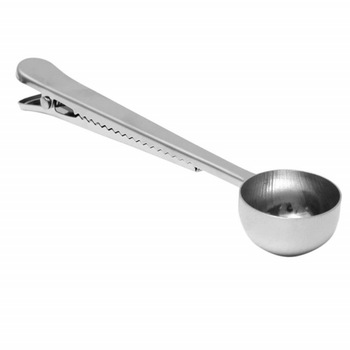 Lingura metalica Pufo pentru dozare cafea cu clips zimtat la sigilarea pungilor, 16 cm Lingura metalica Pufo pentru dozare cafea cu clips zimtat la sigilarea pungilor, 16 cm
