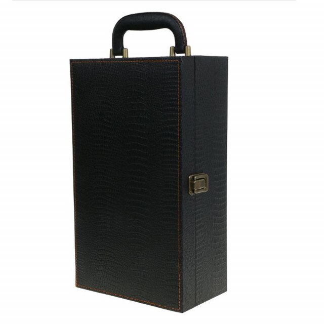 Cutie caseta eleganta cu 2 compartimente pentru sticle de vin, cu maner si 4 accesorii incluse, 35 x 20 cm, negru