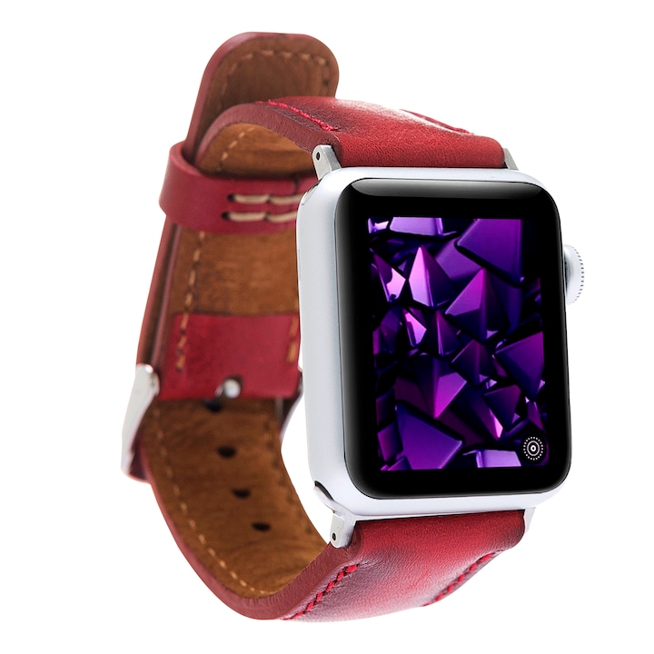 Apple Watch Series SE, 6, 5, 4 - 44mm, 1, 2, 3 - 42mm, Prémium natúr bőrszíj, fekete adapterekkel, Bouletta, Piros - Burnished red