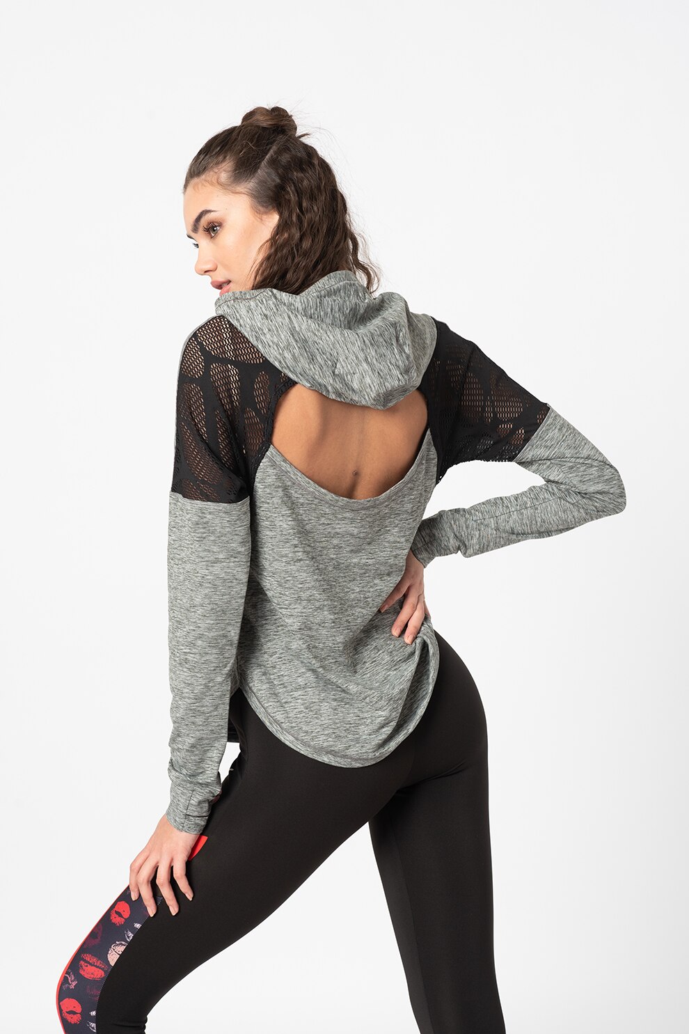 Puma, Hanorac cu decupaj pe spate, cu DryCell, pentru fitness Studio, Gri inchis melange/Negru