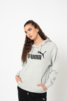 Puma, Hanorac lung cu imprimeu logo si buzunar kangaroo Essentials+, Gri melange/Negru Puma, Hanorac lung cu imprimeu logo si buzunar kangaroo Essentials+, Gri melange/Negru