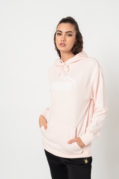Puma - Essentials+ Elongated logómintás kapucnis pulóver kenguruzsebbel, Halvány rózsaszín/Fehér