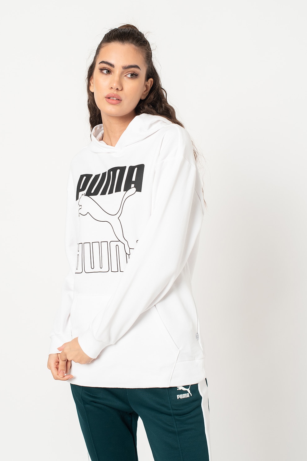 Puma, Hanorac lung cu logo supradimensionat si buzunar kangaroo Rebel, Alb/Negru