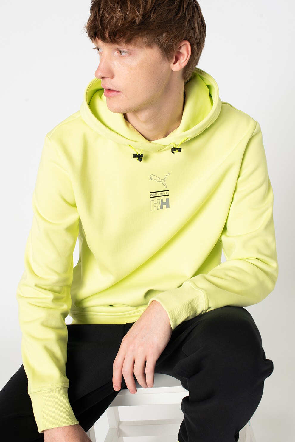 Puma, Hanorac cu snur si logo, verde lime, gri inchis