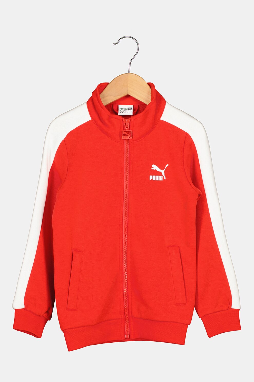 Puma, Bluza sport cu segment contrastant si fermoar Classics T7, Rosu/Alb