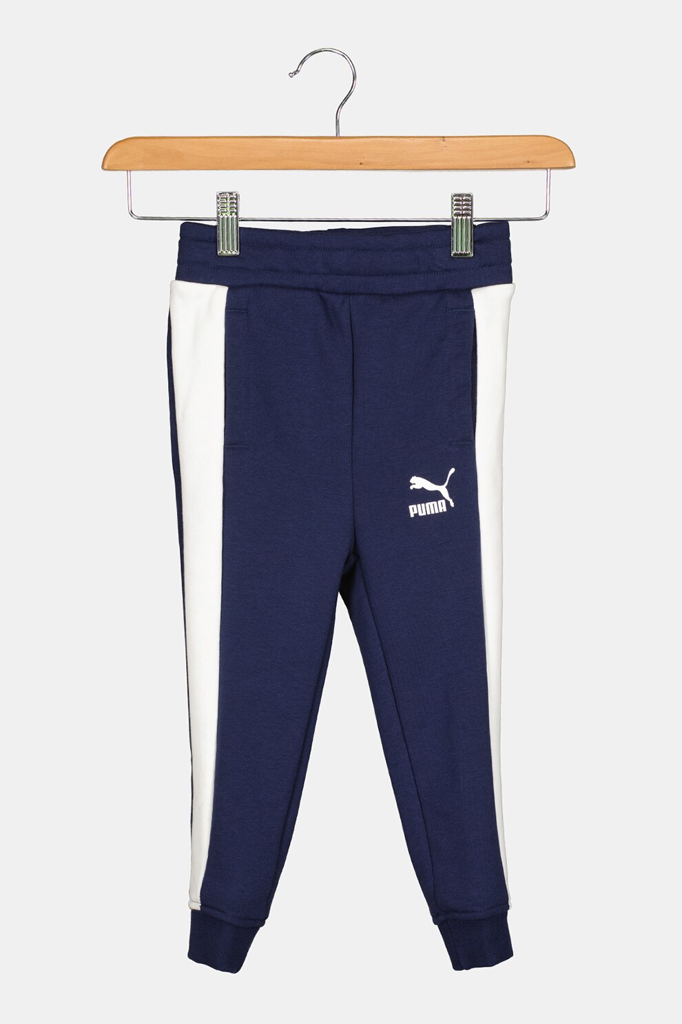 Puma, Pantaloni sport slim fit cu segmente contrastante Classics T7, Bleumarin/Alb, 104 CM