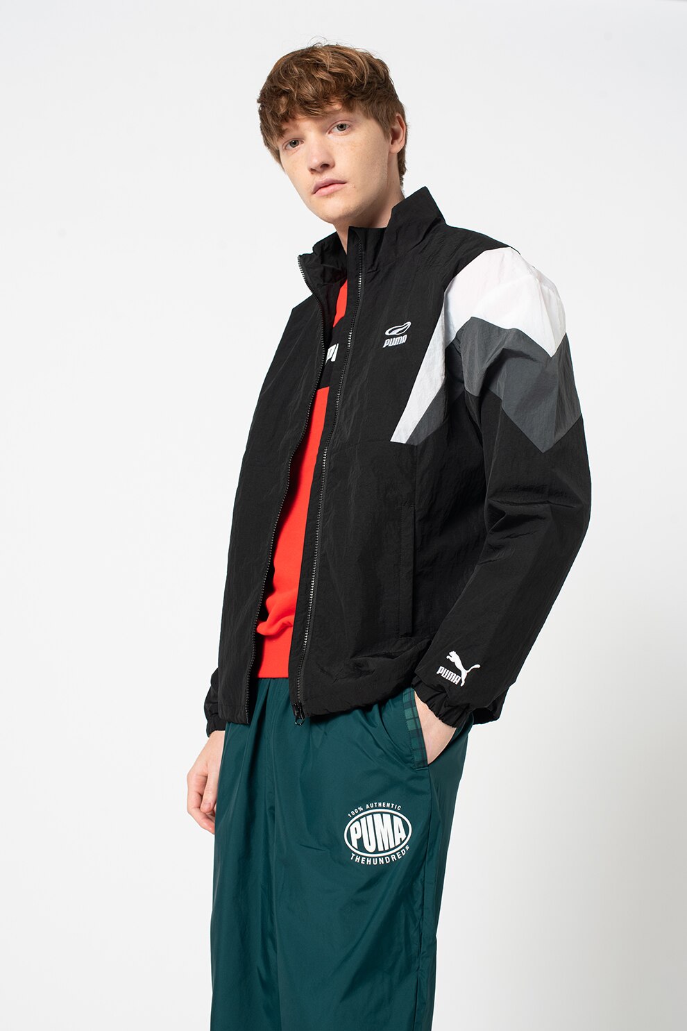 Puma, Jacheta usoara cu fermoar si buzunare laterale Retro, Negru/Alb/Gri inchis