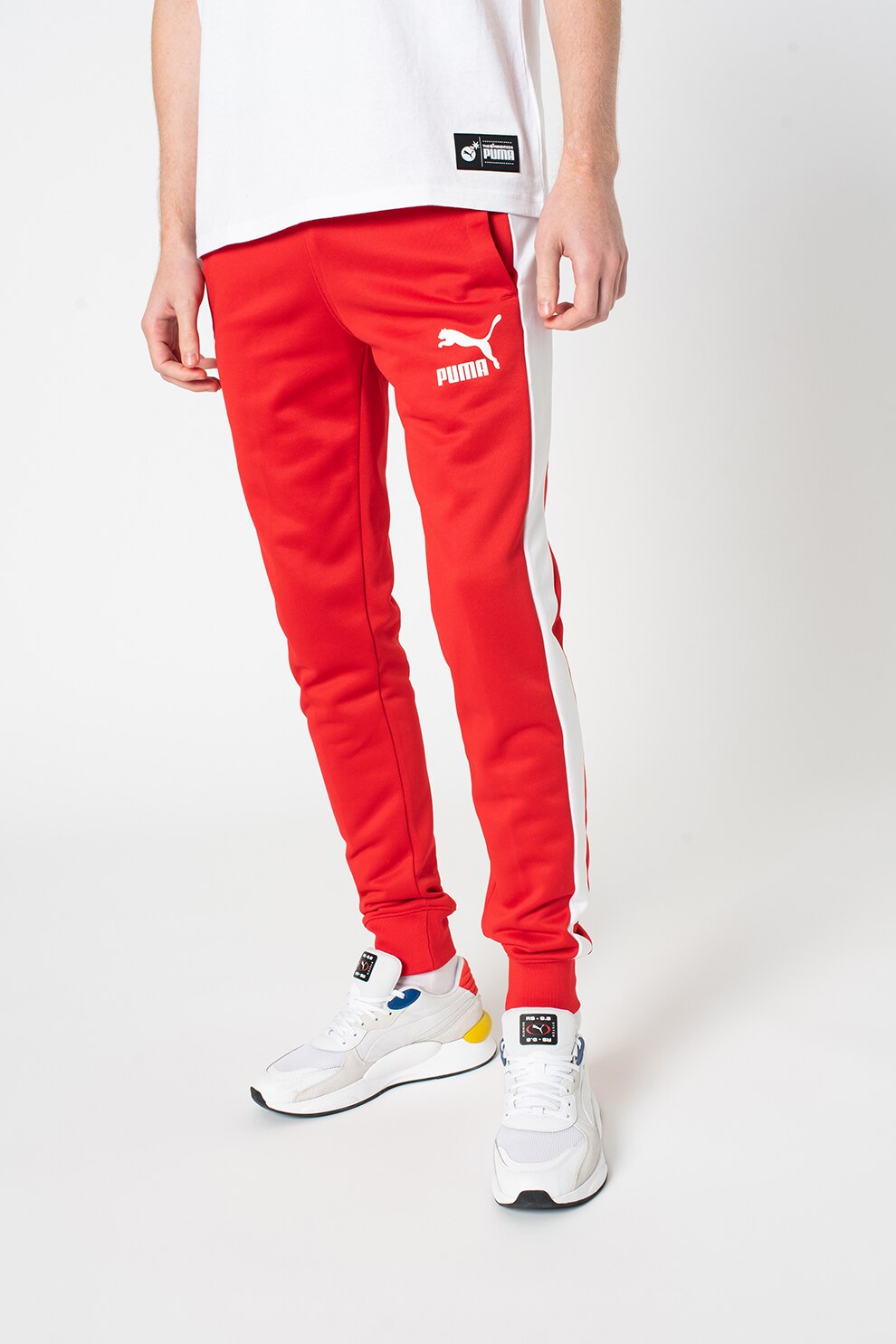 Puma, Pantaloni sport cu benzi laterale contrastante Iconic T7, Rosu/Alb, M