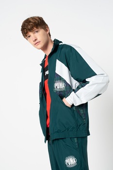 Puma, Jacheta de trening cu imprimeu si buzunare laterale, Verde/Alb Puma, Jacheta de trening cu imprimeu si buzunare laterale, Verde/Alb