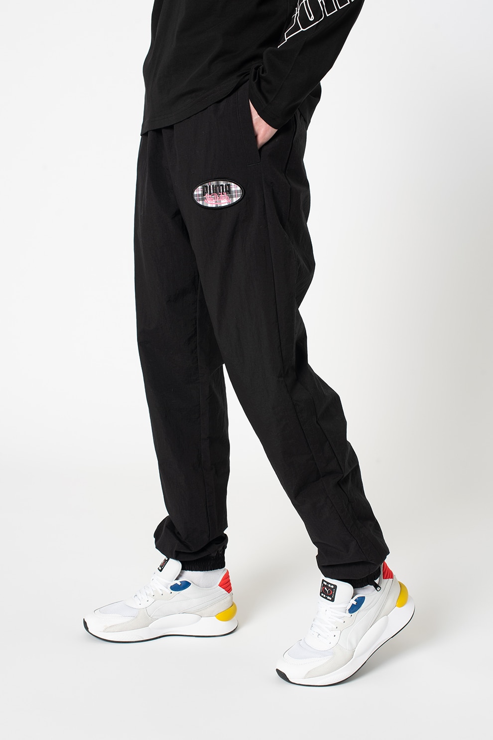 Puma, Pantaloni sport cu talie medie cu logo brodat, Negru