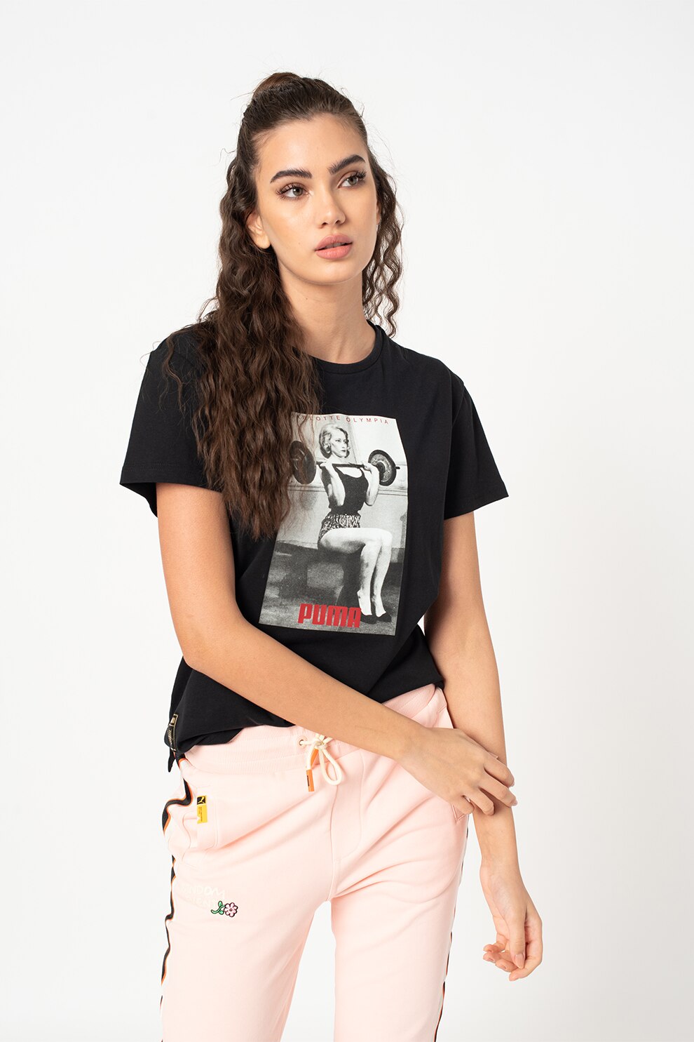 Puma, Tricou cu decolteu la baza gatului de bumbac, Negru/Gri inchis