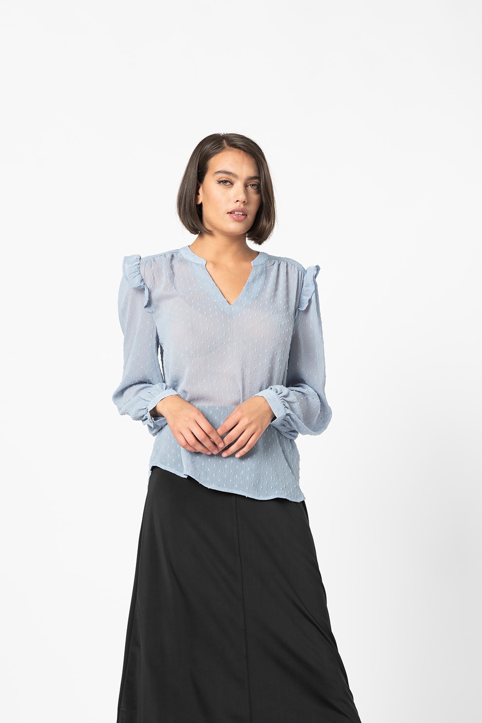 b.young, Bluza cu volane Jetta, Albastru prafuit