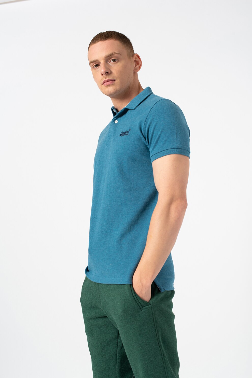 SUPERDRY, Tricou polo din material pique, Albastru prafuit