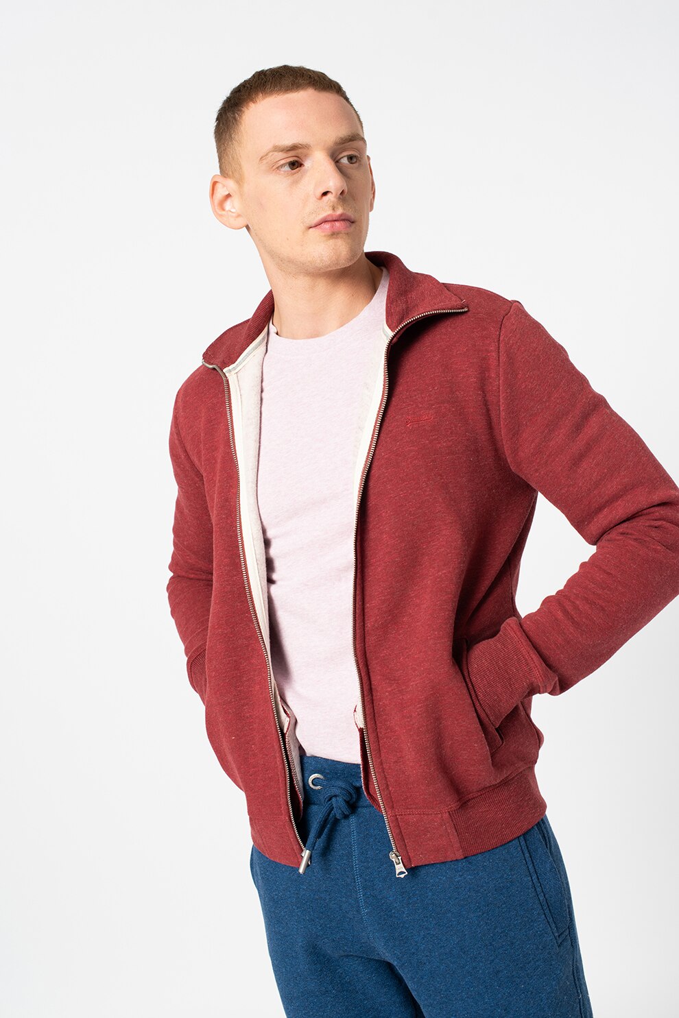 SUPERDRY, Bluza sport slim fit cu logo si fermoar Vintage, Rosu inchis, M