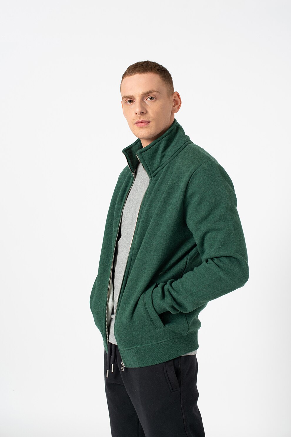 SUPERDRY, Bluza sport slim fit cu logo si fermoar Vintage, Verde englez, L