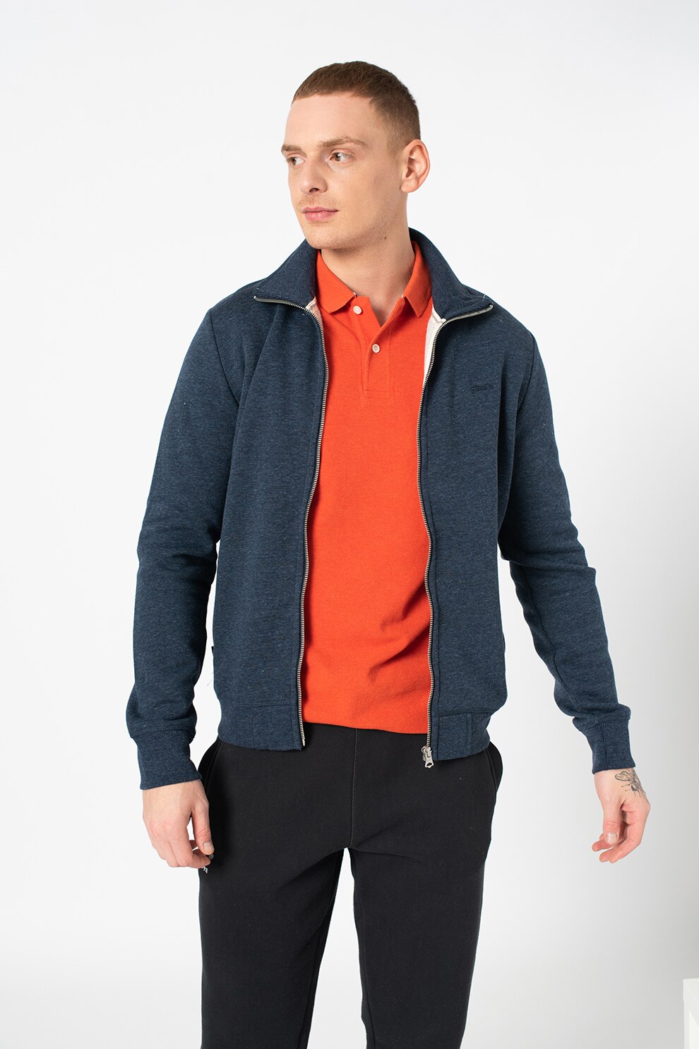 SUPERDRY, Bluza sport slim fit cu logo si fermoar Vintage, Bleumarin/gri inchis, M