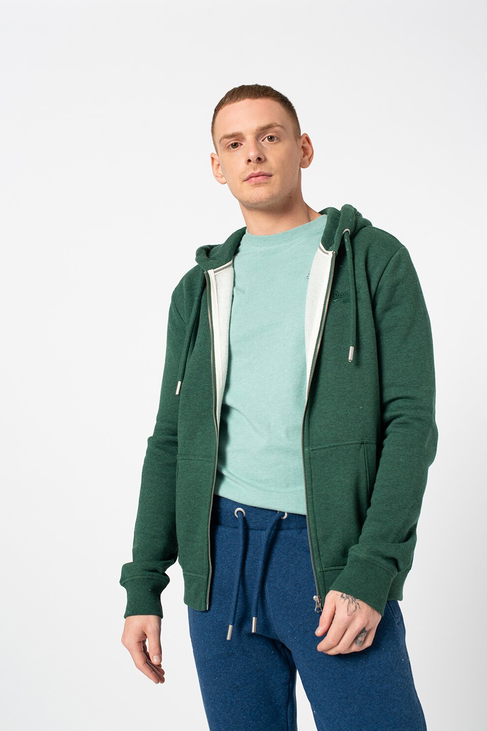 SUPERDRY, Hanorac slim fit cu logo si fermoar Vintage, Verde englez