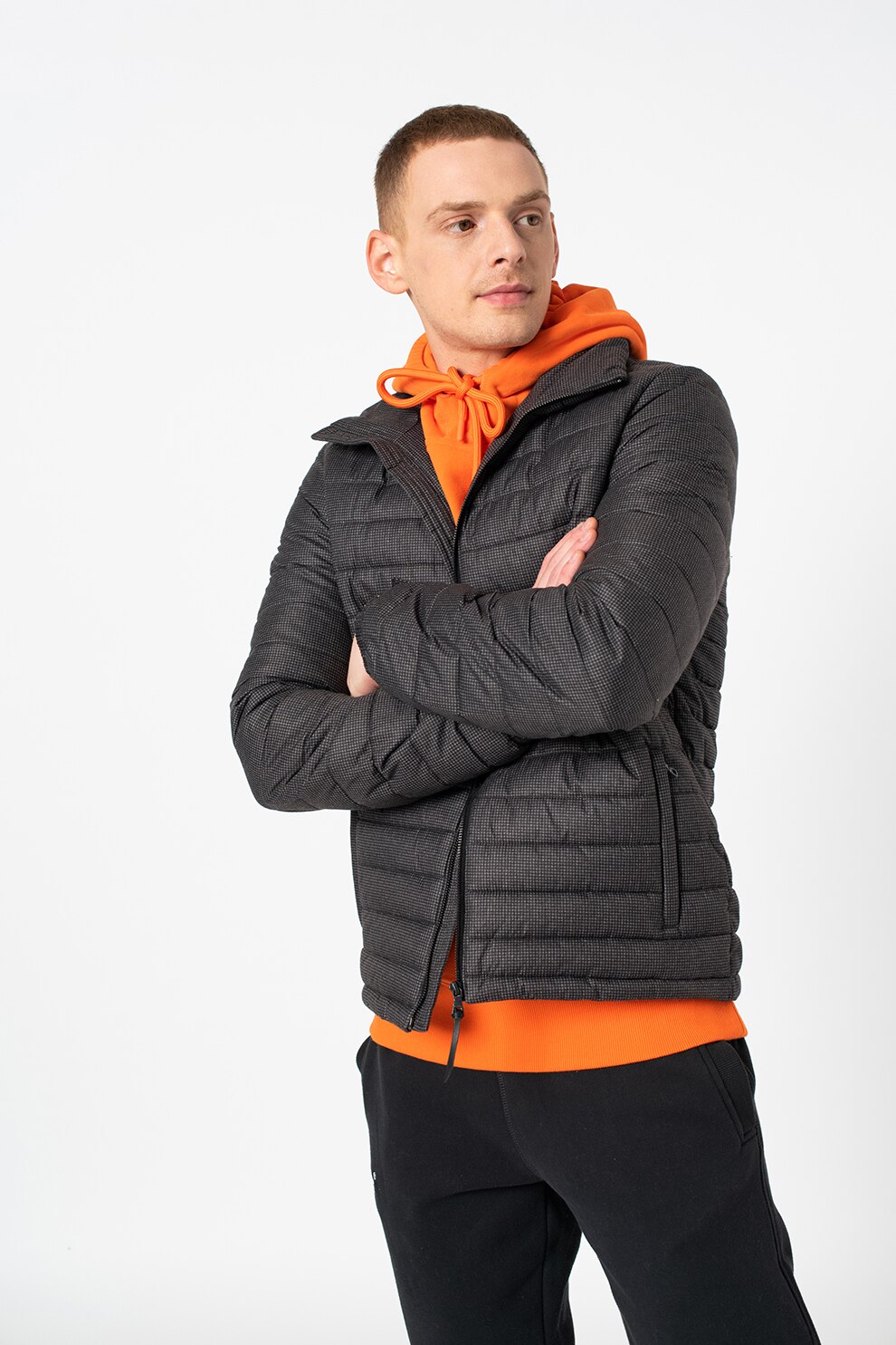 SUPERDRY, Jacheta cu model si aspect matlasat Studios, Gri inchis
