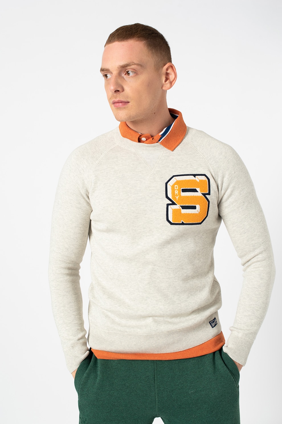 SUPERDRY, Bluza sport cu decolteu la baza gatului si maneci raglan Varsity, Gri deschis melange