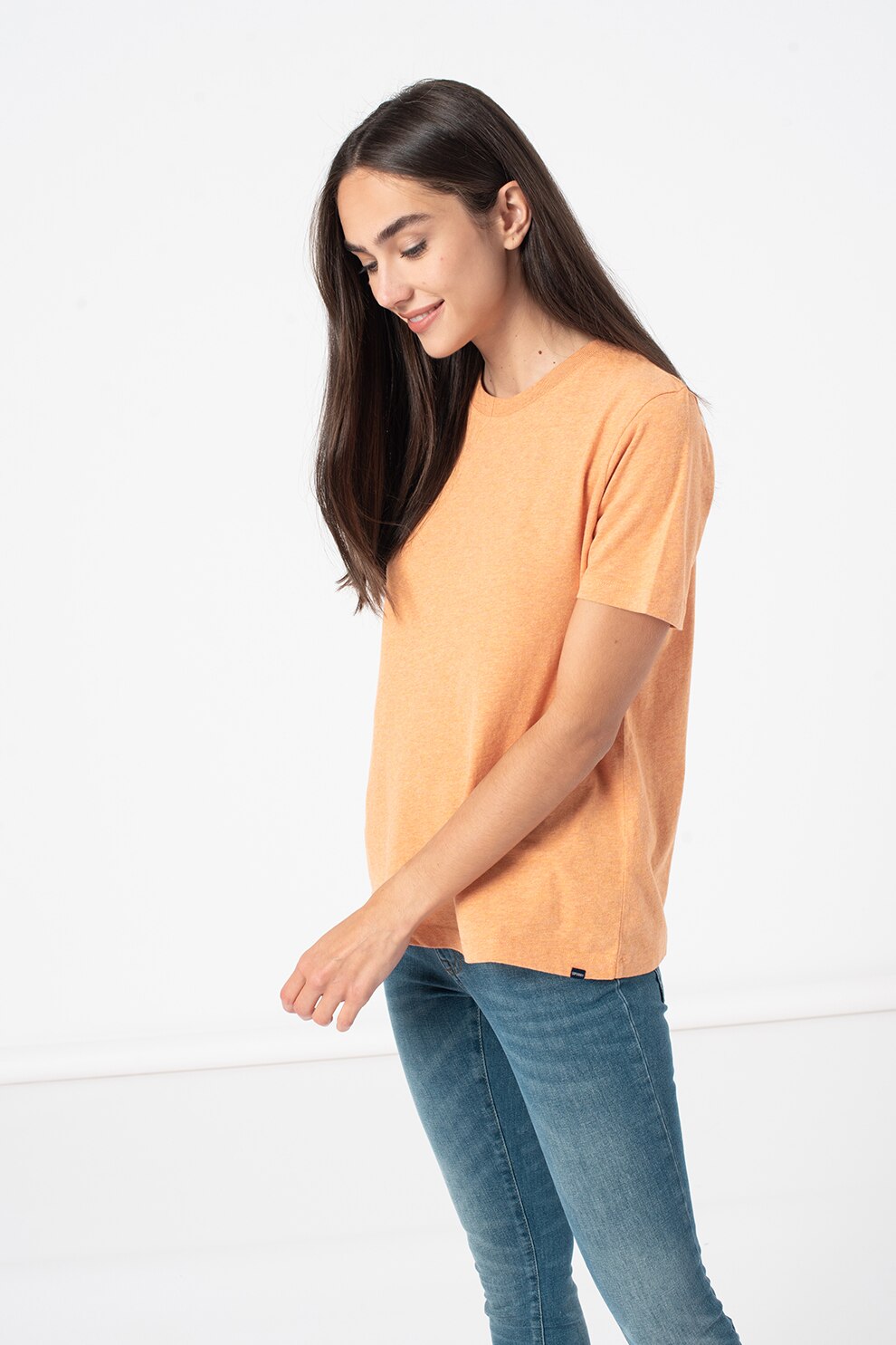 SUPERDRY, Tricou din bumbac cu decolteu la baza gatului, Oranj pal