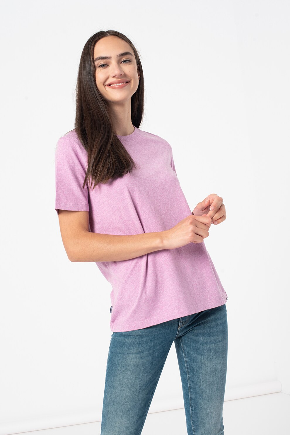 SUPERDRY, Tricou din bumbac cu decolteu la baza gatului, Lila