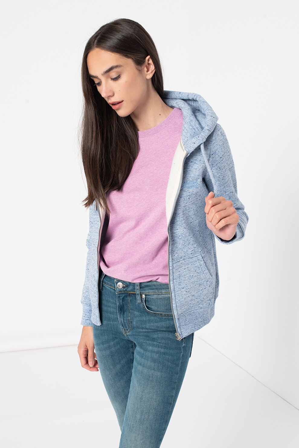 SUPERDRY, Hanorac cu fermoar si buzunare oblice, Albastru lavanda