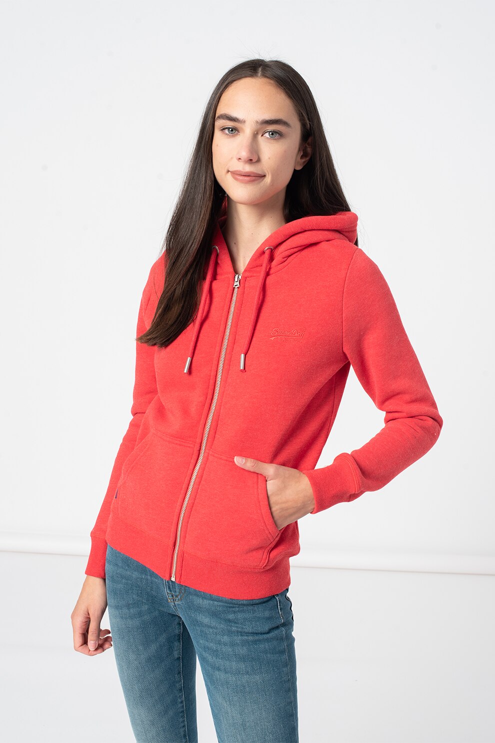 SUPERDRY, Hanorac cu fermoar si buzunare oblice, Corai