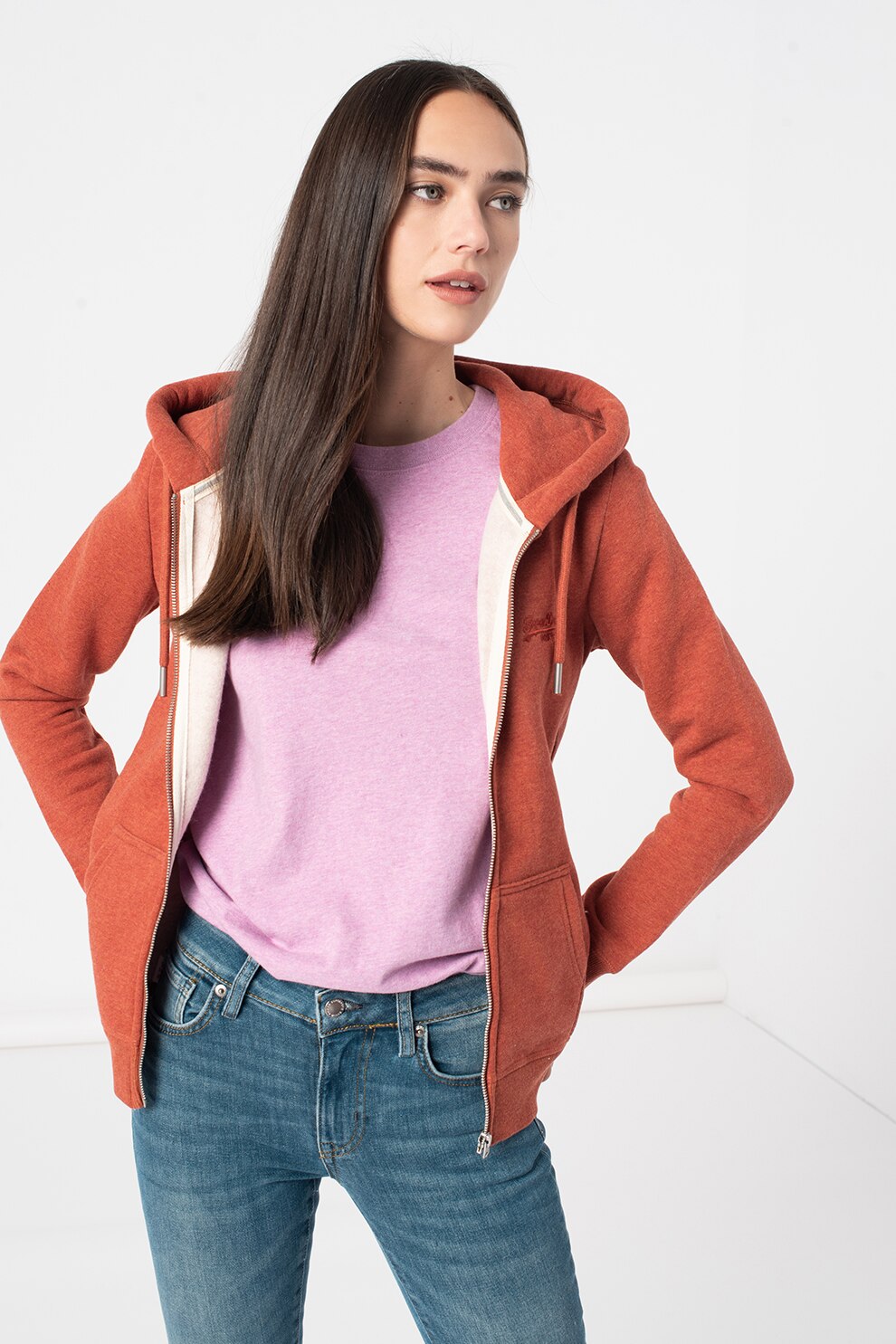 SUPERDRY, Hanorac cu fermoar si buzunare oblice, Scortisoara