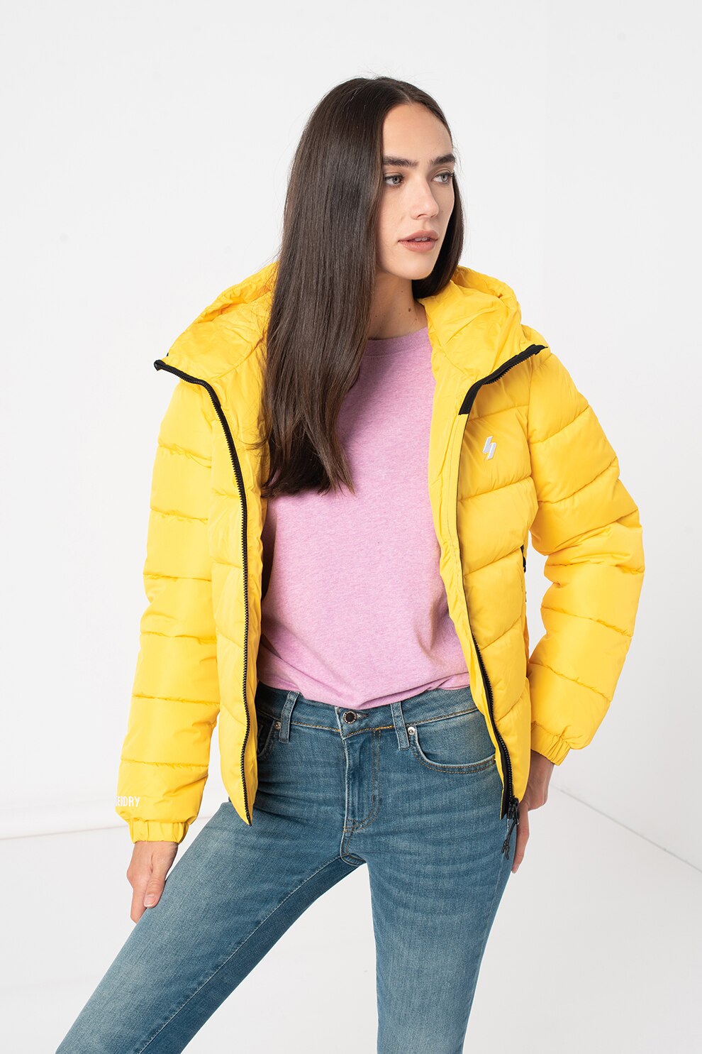 SUPERDRY, Geaca cu vatelina, gluga si aspect matlasat, Galben