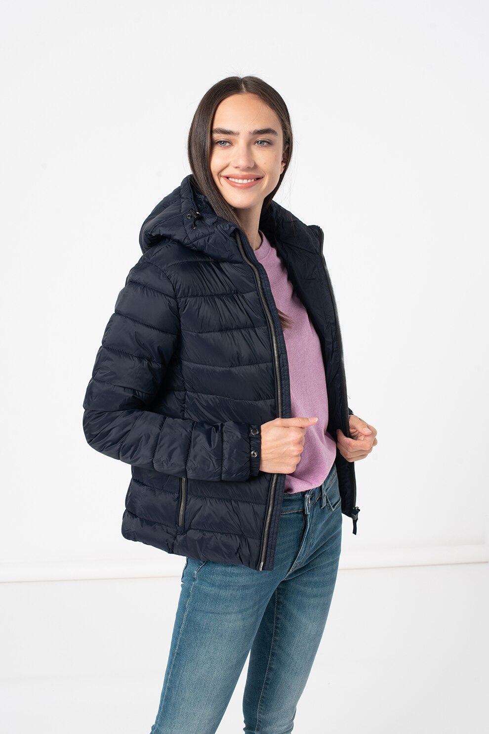 SUPERDRY, Geaca cu vatelina, gluga si model matlasat Classic Fuji, Bleumarin inchis
