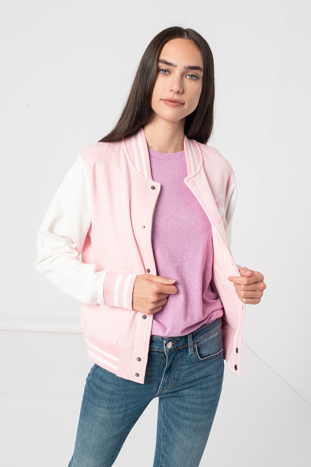 SUPERDRY, Jacheta cu buzunare laterale Walk-Out, Roz pastel/Alb