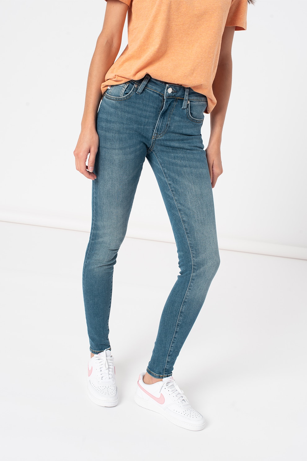 SUPERDRY, Blugi skinny cu talie medie, Albastru inchis