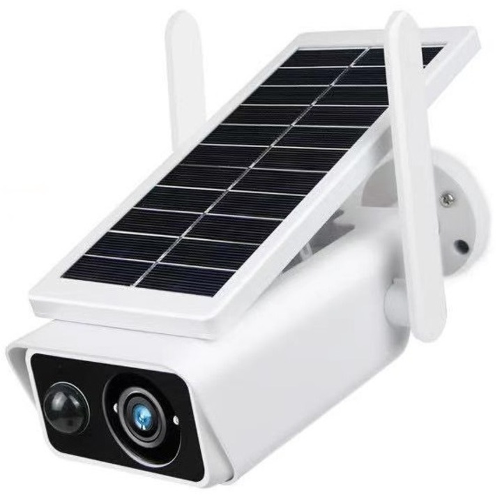 Camera de Supraveghere Solara WIFI BabyToy™ iC-S1, 2 MP FullHD, Exterior, Conectare Telefon, Night Vision, Incarcare Solara, Rezistenta la apa, rezolutie 1920*1080, senzor miscare, alb