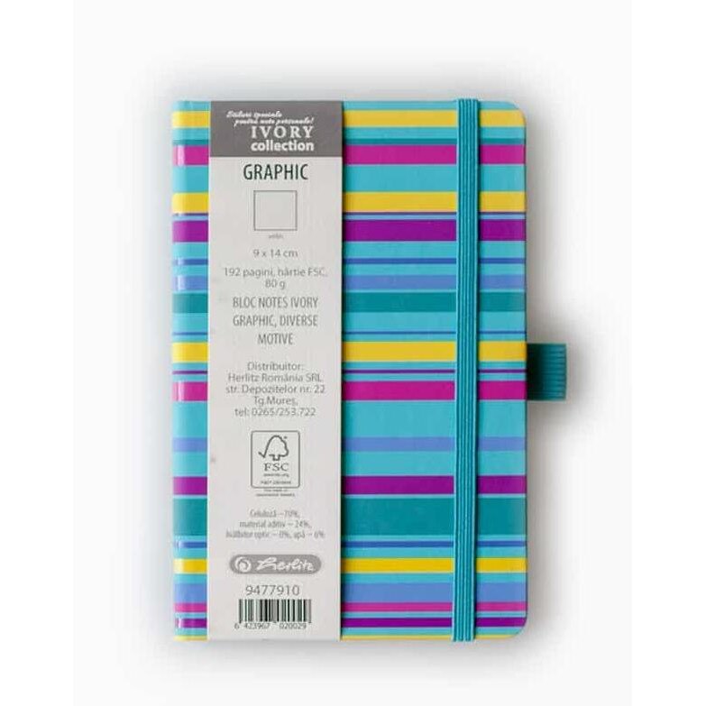 Herlitz, Bloc notes Ivory Graphic, 9 x 14 cm, 192 file velin, coperta din panza, diverse motive
