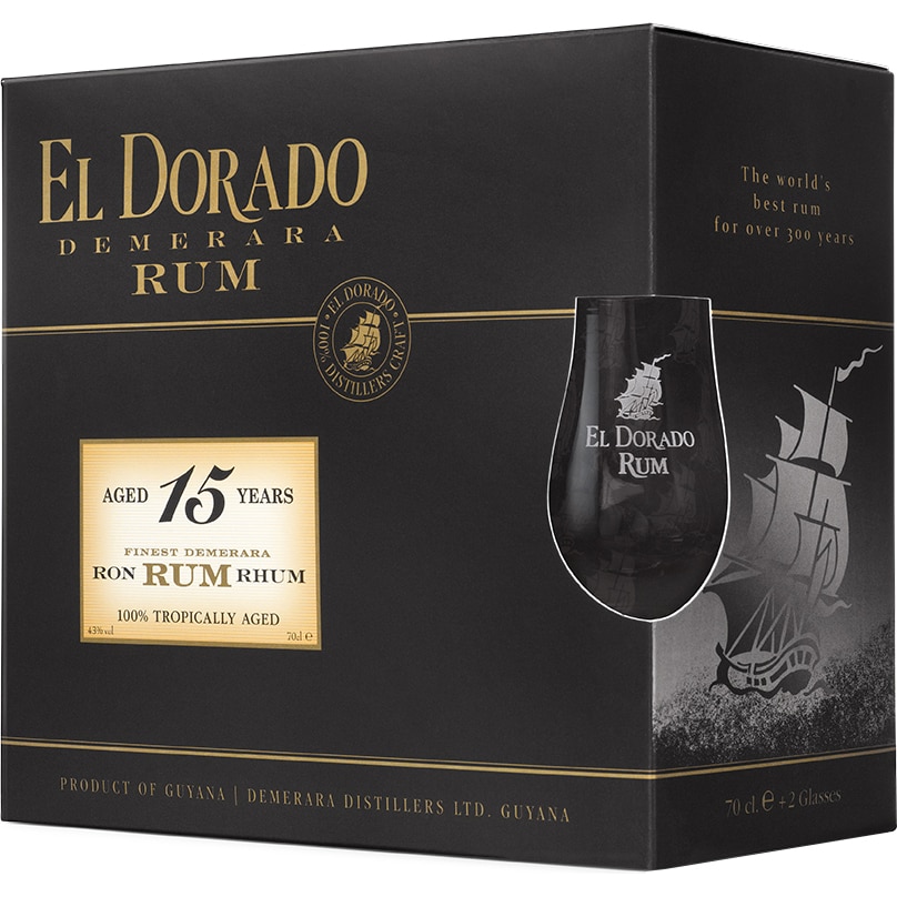 Rom El Dorado 15 YO + 2 Pahare, Cask Aged Demerara, 43%, 0.7l
