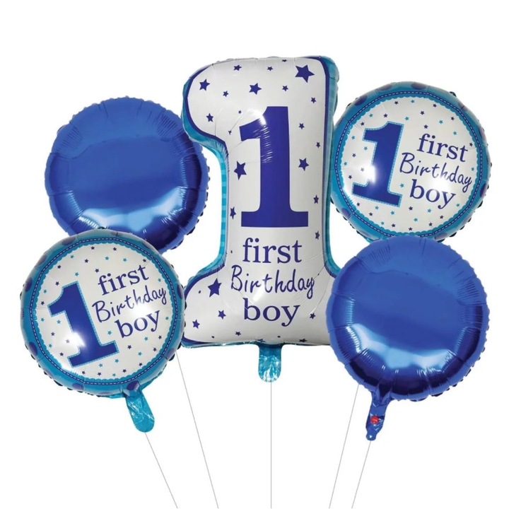 Bibilel 1st Birthday léggömb szett, 5 db-os, kisfiúnak, kék-fehér