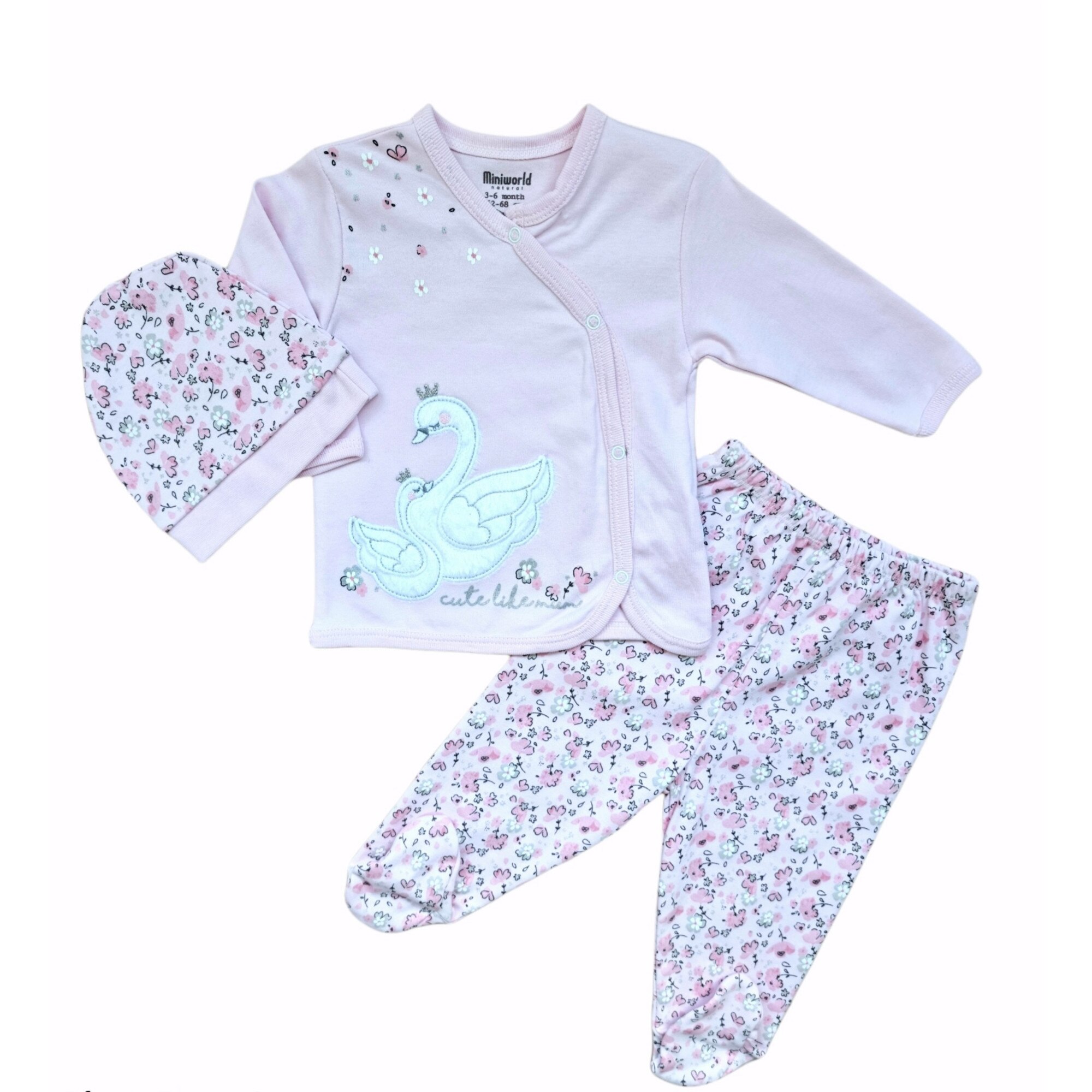Compleu 3 piese din bumbac cu floricele, varsta 3-6 luni, 68 cm, Roz