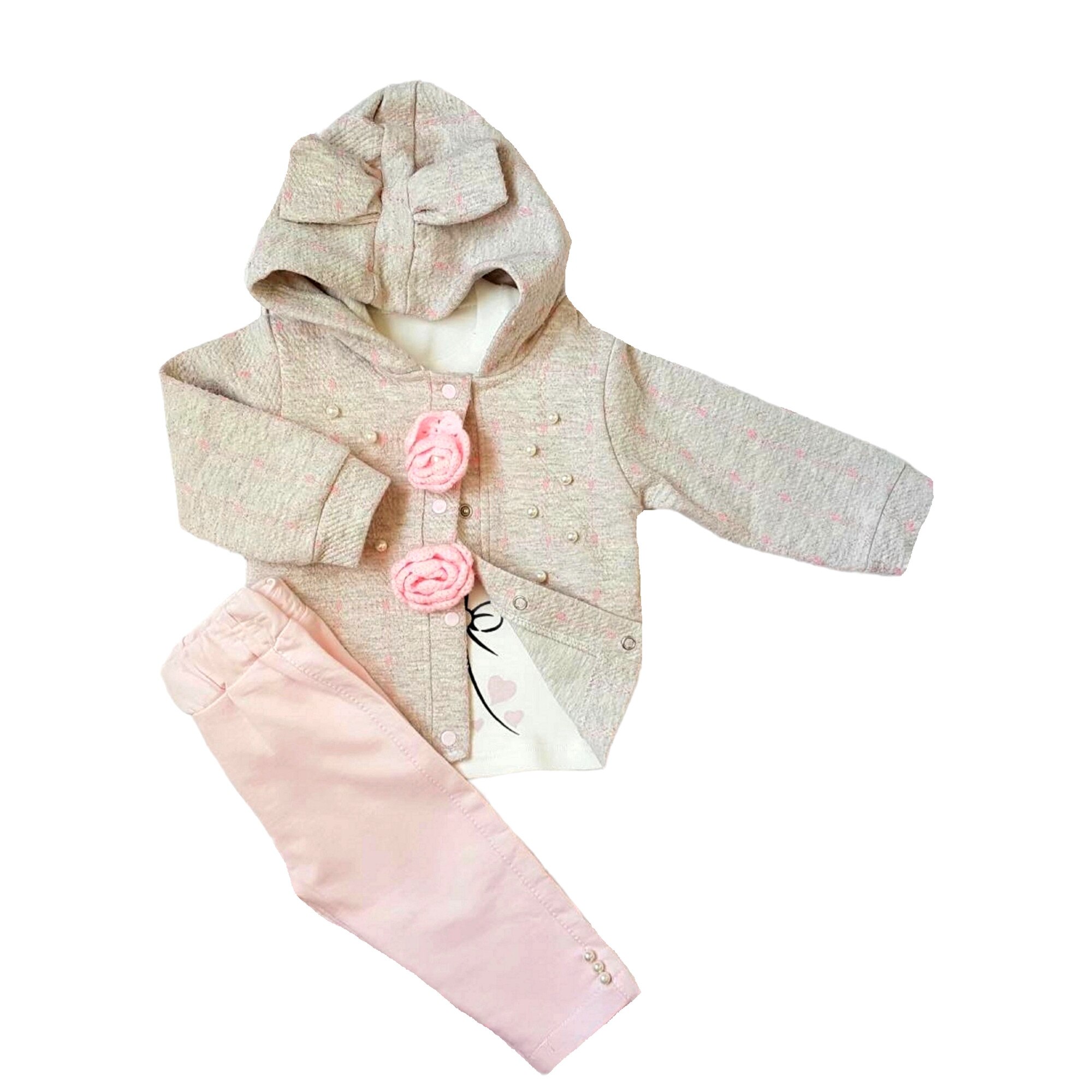 Compleu 3 piese fetita, helanca bumbac gros cu lana, varsta 9-12 luni, 80 cm, Roz